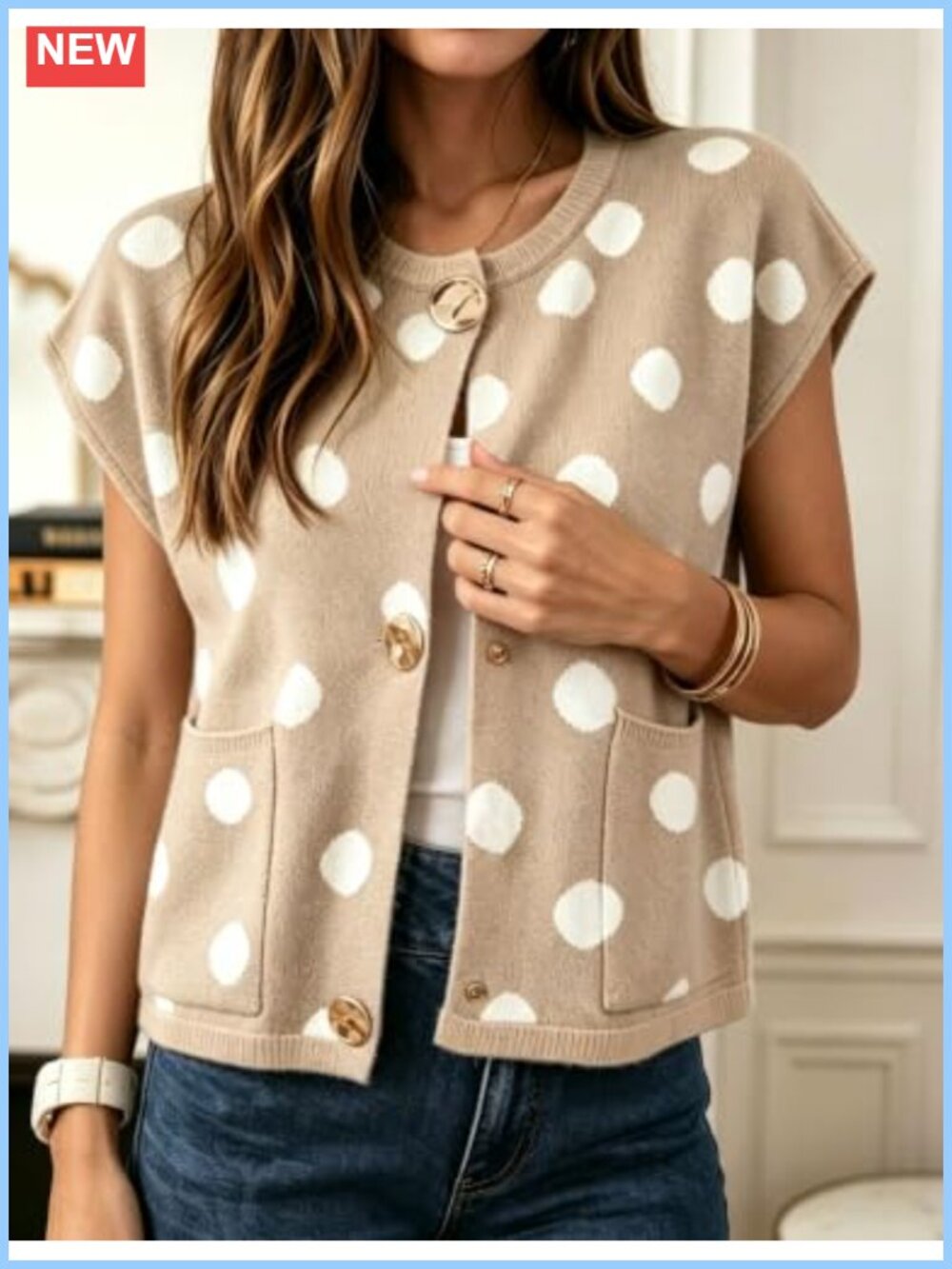 Cap Sleeve Polka Dot Cropped Knit Cardigan Sweater Gold Button Patch Pockets - Picture 2 of 6